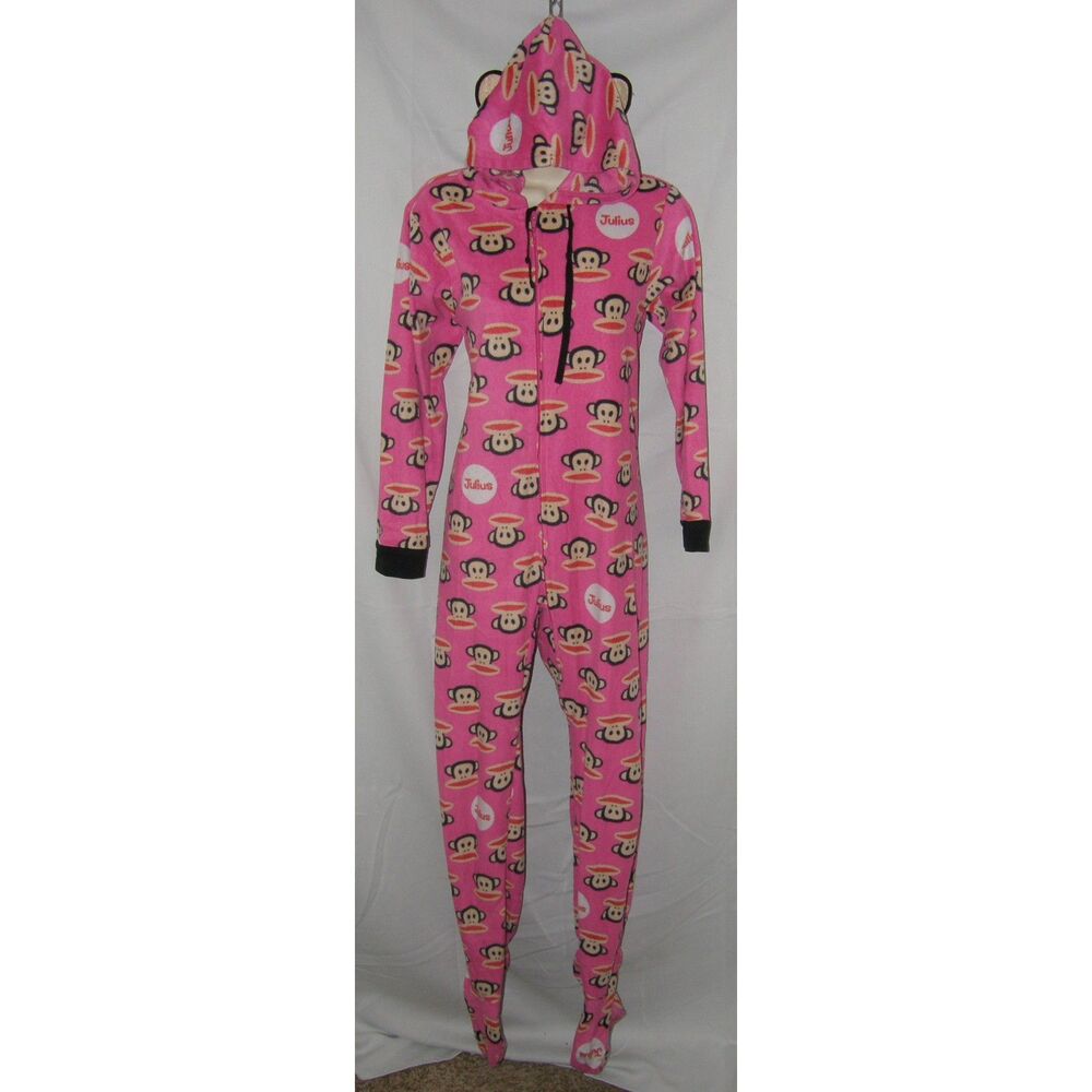 Women Sz Medium Soft JULIUS Monkey Pink Hooded Footed 1 Pc Lightweight Pajamas